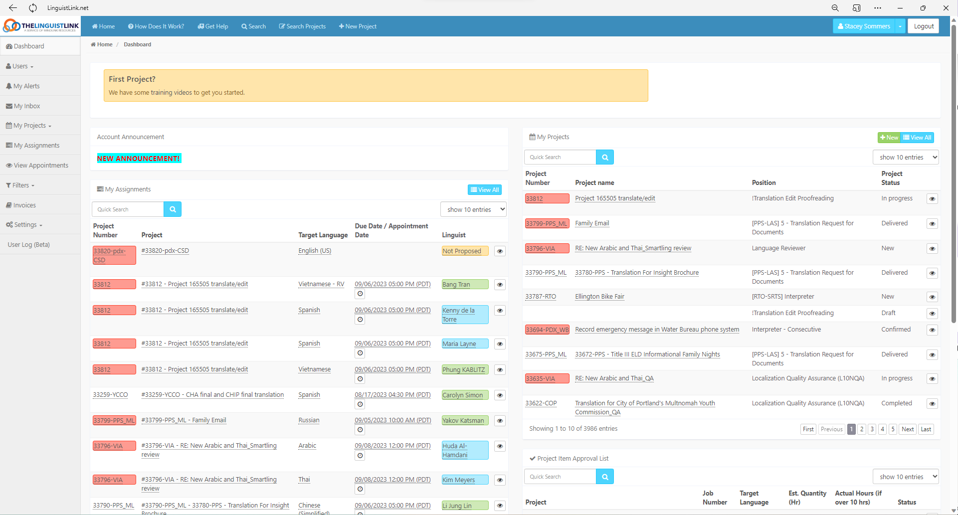 LinguistLink Dashboard with Calendar View